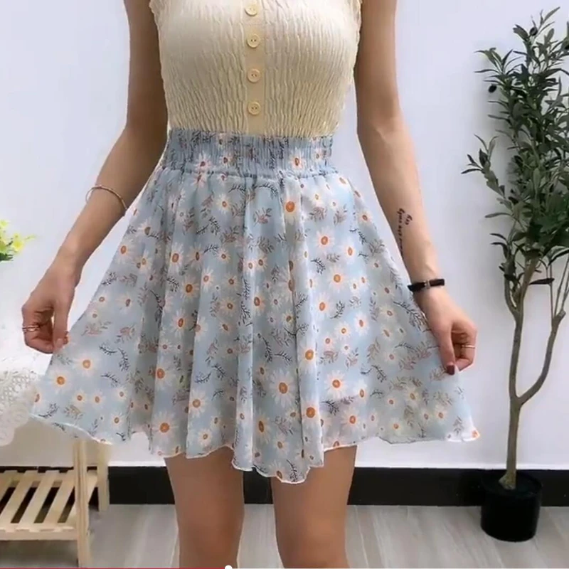 Skirts Women Mini High Waist A-line Folds Floral Summer Stylish Breathable Retro Harajuku Sweet Elegant Kawaii Chic Ins Ulzzang