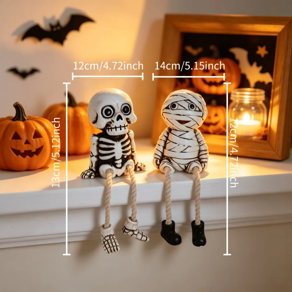 2Pcs Halloween Shelf Sitter Figurines, Mummy & Skeleton Resin Tabletop Ornaments for Indoor Home Halloween Decor