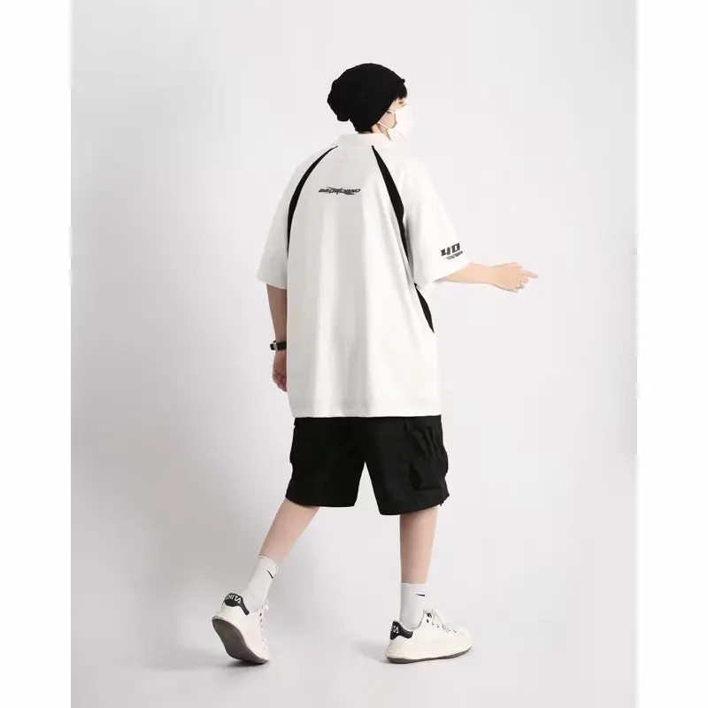 American Fashion Brand Splicing Sports Retro Racing Clothing Short Sleeve T Loose Fried Street Lovers Shirt Oversize Man Trend