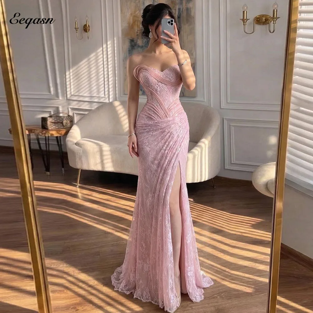 Eeqasn Pink Evening Dresses Mermaid Lace Elegant Dresses For Special Occasions High Slit Sweetheart Prom Gown Customized