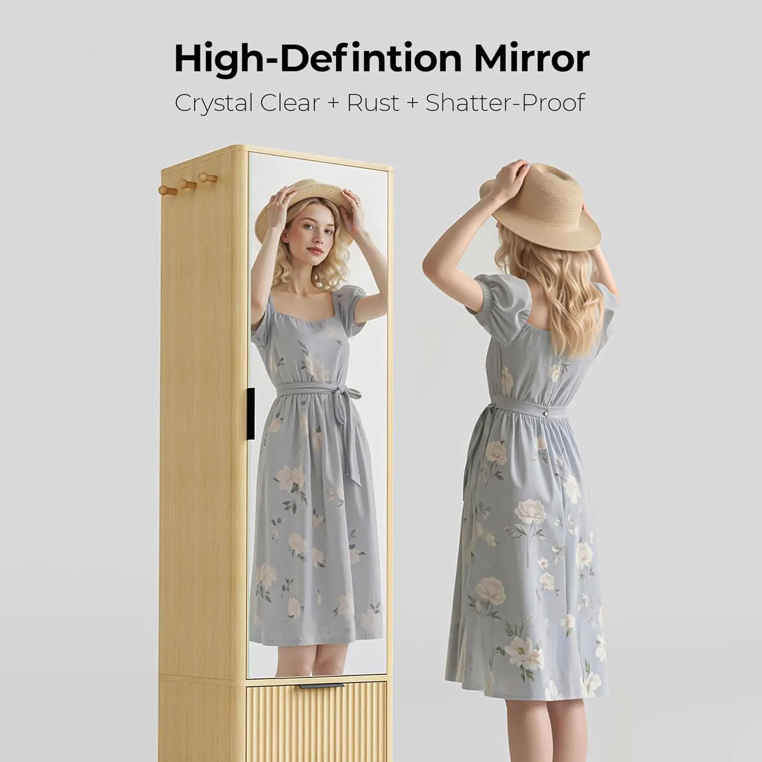 ايرونك 360 °   خزانة مجوهرات دوارة، خزانة مجوهرات مع مرآة كاملة الطول، منظمات مجوهرات واقفة مع درجين، بلوط