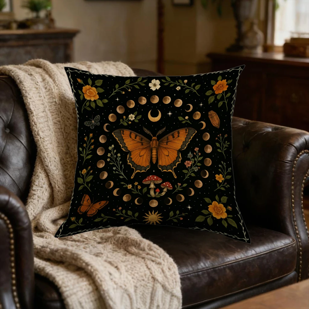 1Pc Vintage Butterfly Moon Phase Cushion Cover Black Floral Print Pillowcase For Sofa Bed Decorative Throw Case Home Decoration