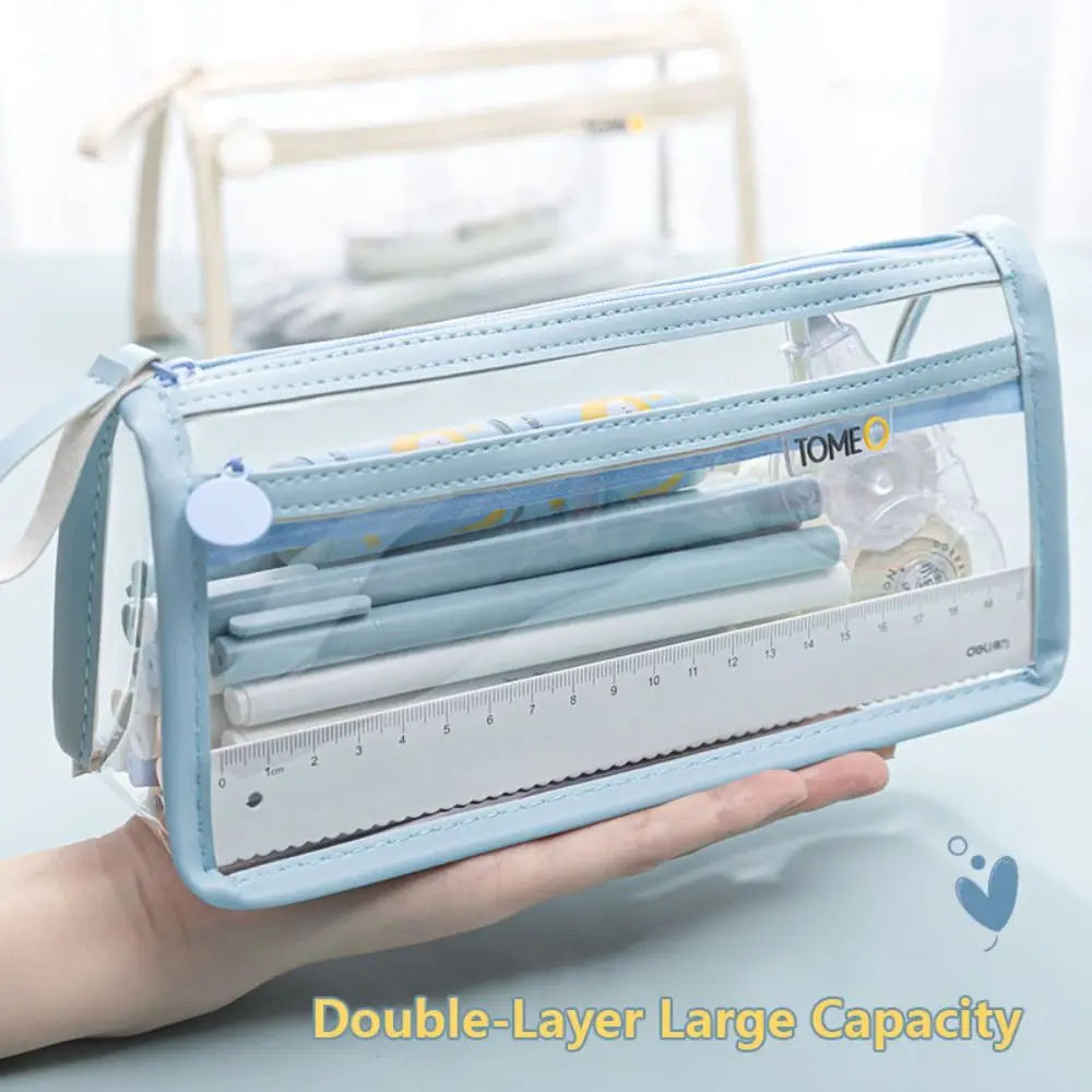 Double-Layer Pen Bag High Quality Large Capacity Transparent Stationery Organizer Waterproof Portable Pen Box Students