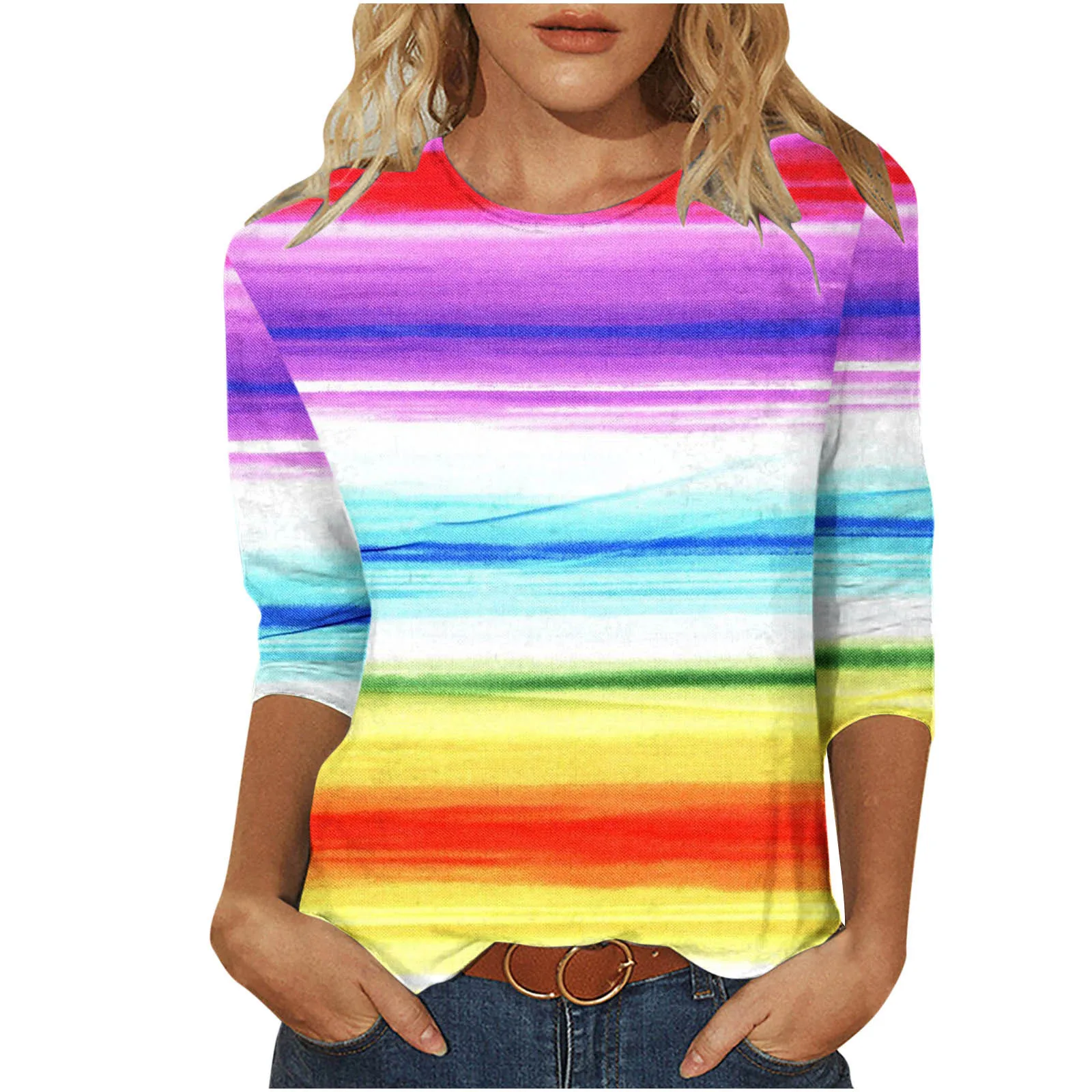 

Summer Age Reducing Fashion T-Shirt For Women With Dropped Shoulders, Rainbow Stripes, Seven Sleeve Top For WomenWA21