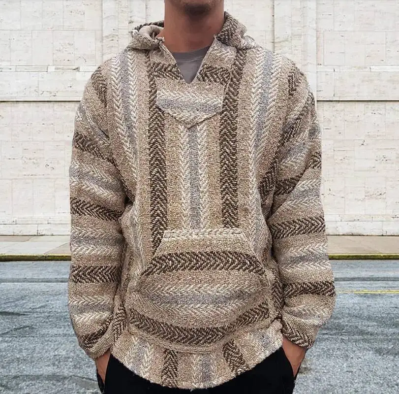 

Vintage Ethnic Striped Knit Hooded Sweatshirt Men Fall Long Sleeve Big Pocket Hoodies Harajuku Top Pullover Coat Streetwear