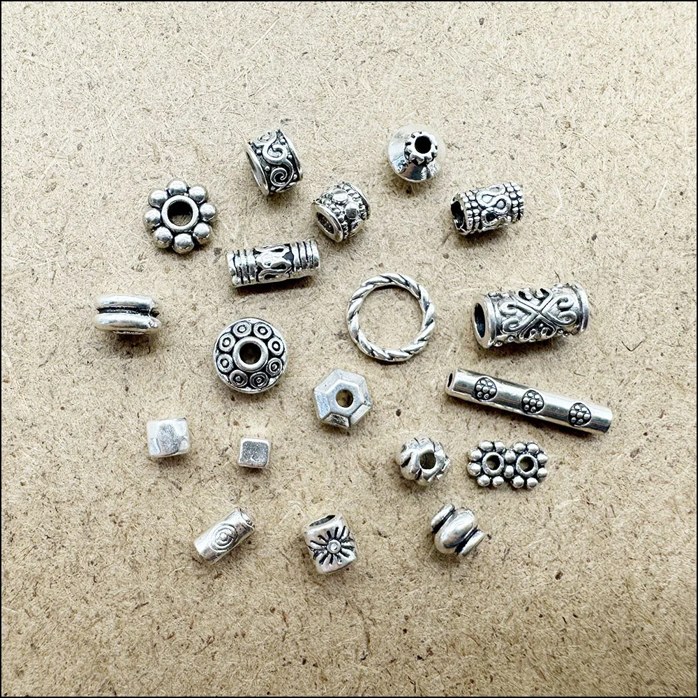 Tiny Tube Circle Flower Charms Antique Silver Color Spacer Beads Jewelry Accessories DIY
