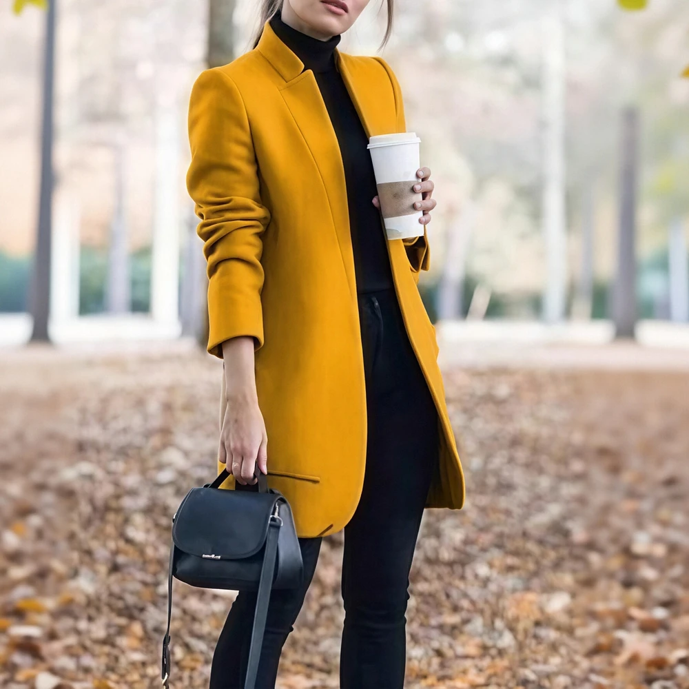 

Осенне-зимние пальто 2025 г., женские элегантные однотонные пальто с длинными рукавами и открытой передней частью, тонкие офисные женские пальто