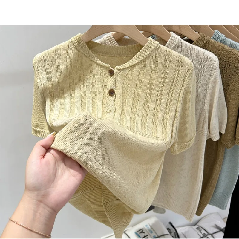 

Women's Spring Summer Pullover Round Neck Button Solid Short Sleeve Sweater Knitted T-shirt Casual Screw Thread Elegant Tops