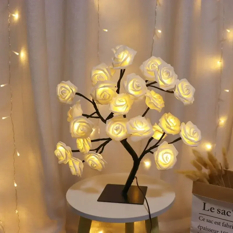 Luces LED de árbol de flores rosas, lámpara de mesa USB, luz nocturna de hoja de hadas, fiesta en casa, Navidad, boda, decoración de dormitorio,