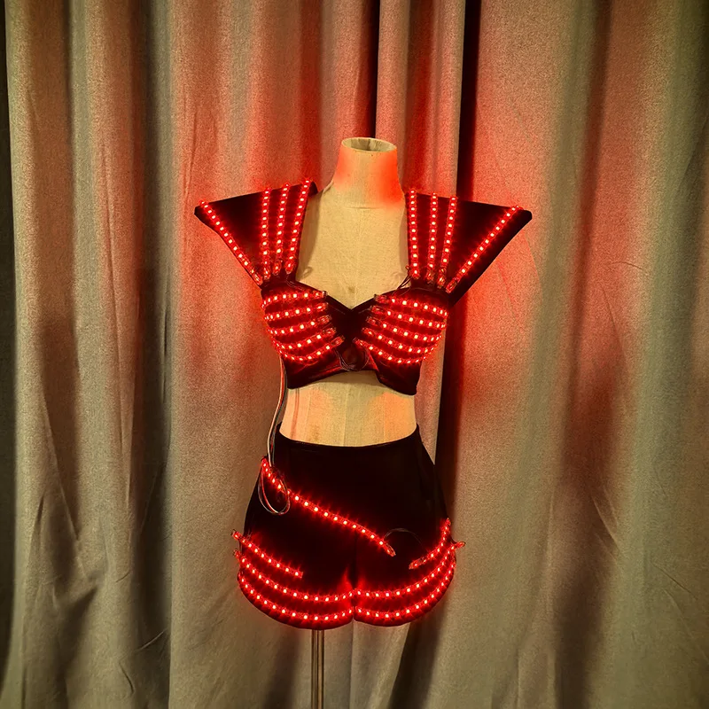 LED Costume Woman Rave Outfit Stage Performer Light Up Dress Luminous Flying Shoulder Crop Top Shorts set DJ Party Wear