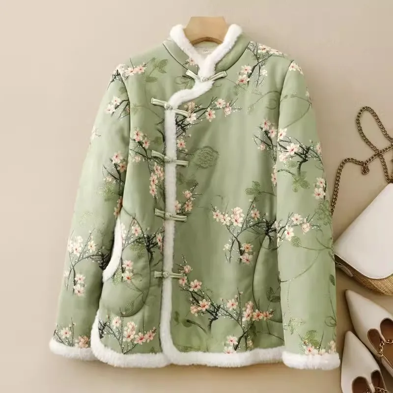 Chinese Style Floral Cheongsam 2024 New Winter Plus Velvet Embroidery Female Parkas Buttons Cotton-Padded Outwear Coat for Women