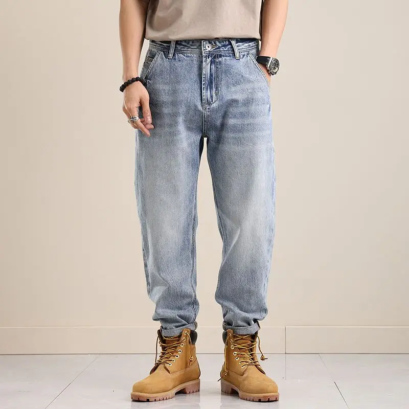 Jean en Denim à jambes droites et amples pour hommes, bleu clair, pantalon décontracté rétro américain avec insert incliné, automne hiver