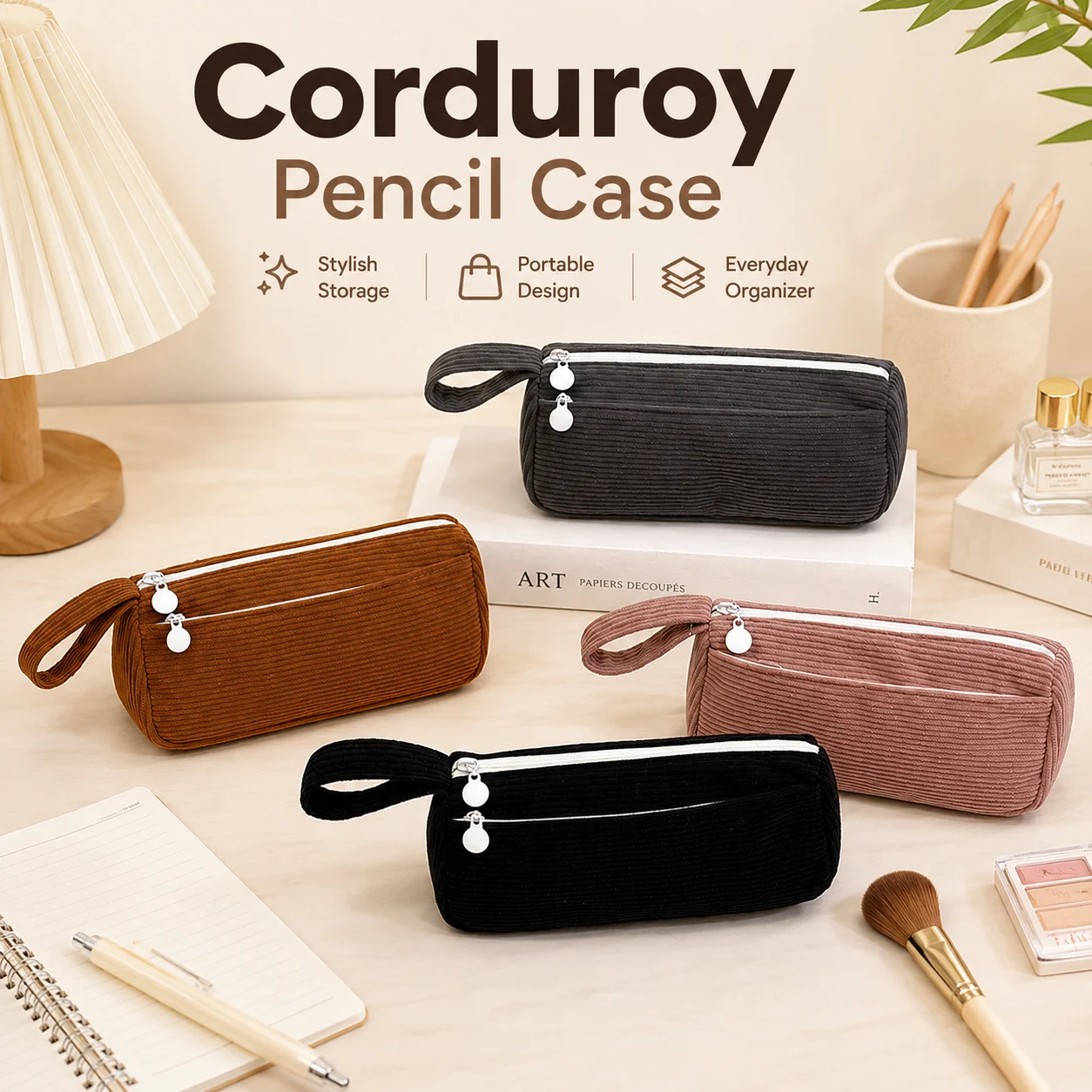 Double Zipper Corduroy Pencil Case with Handle Large Capacity Portable Stationery Organizer for School Office Travel Supplies