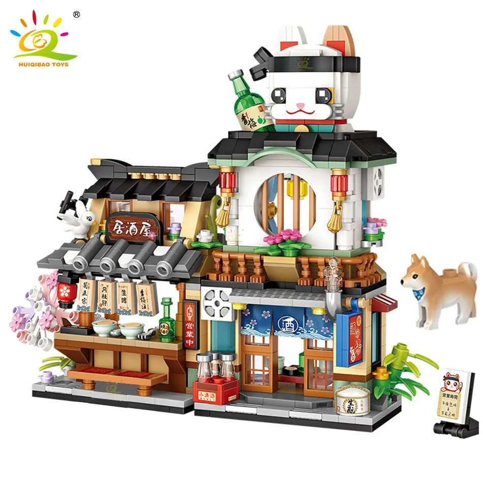 HUIQIBAO City Mini Chinese Street View Grocery Store Meat Shop Building Blocks Japanese Food  Ice Shop Figures Bricks Toys Child