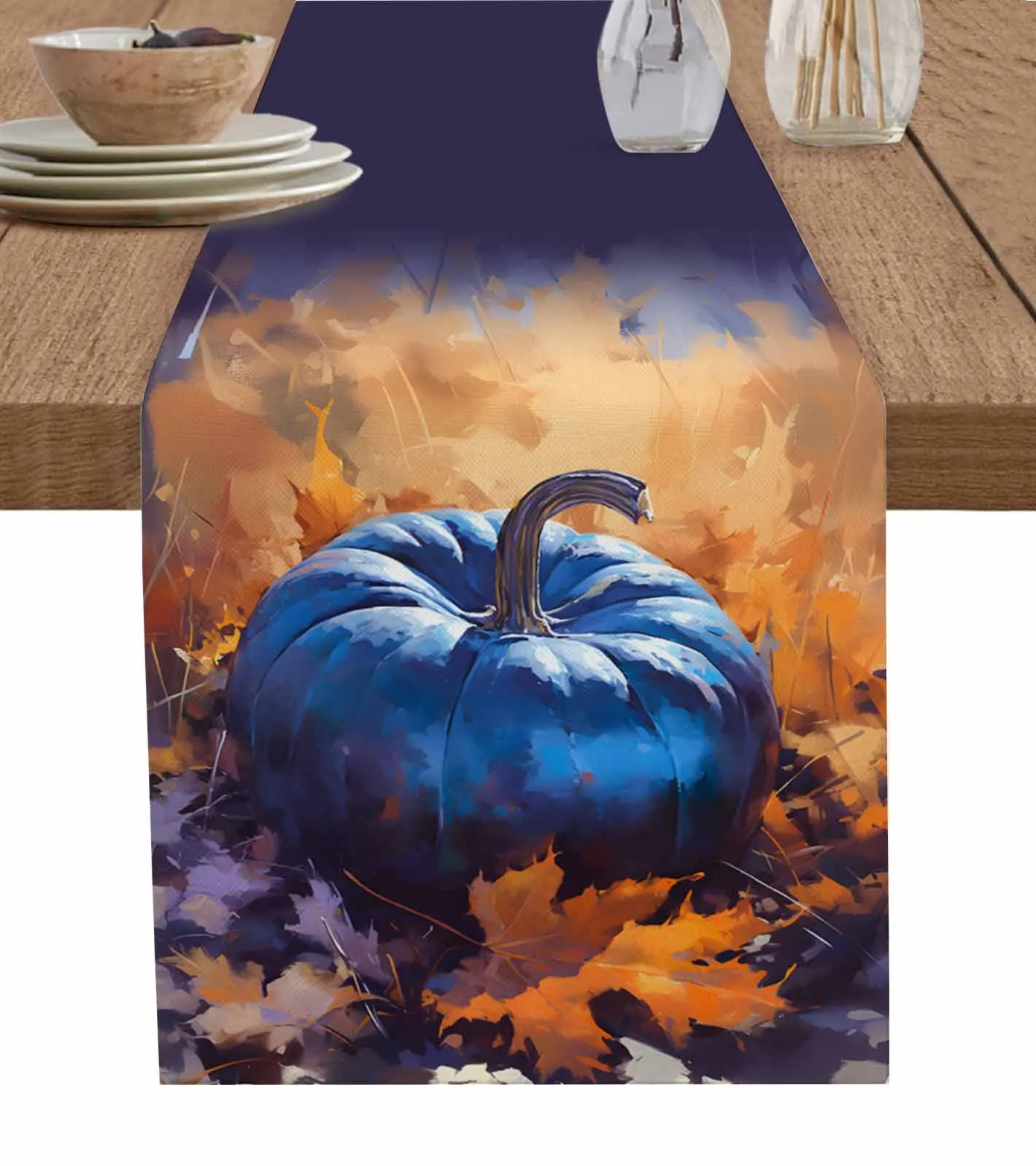 Autumn Blue Pumpkin Maple Leaf Vintage Oil Painting Grain Table Runner Decoration Home Decor Dinner Table Decoration Table Decor