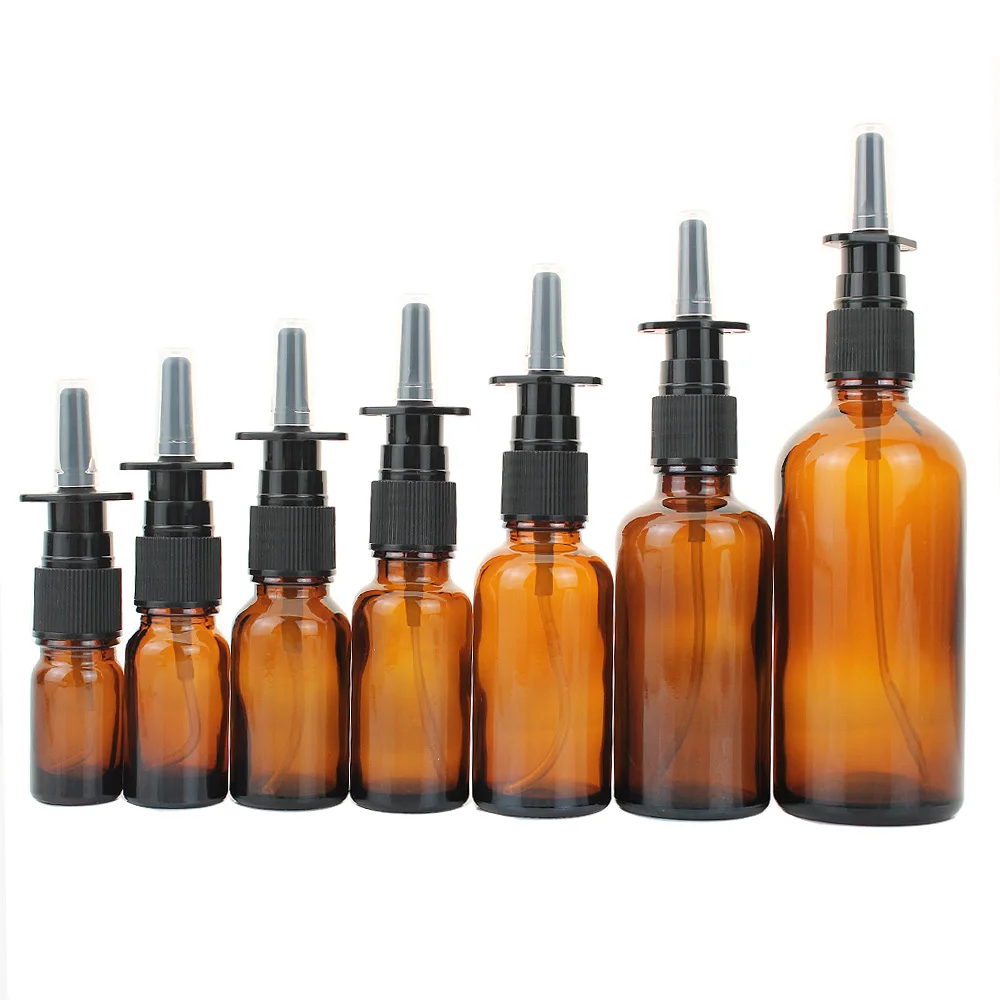 

10pcs 5ml 10ml 15ml 20ml 30ml 50ml 100ml Amber Nasal Spray Bottle Glass with Fine Nose Mist Sprayer Press Spray Head Atomizer