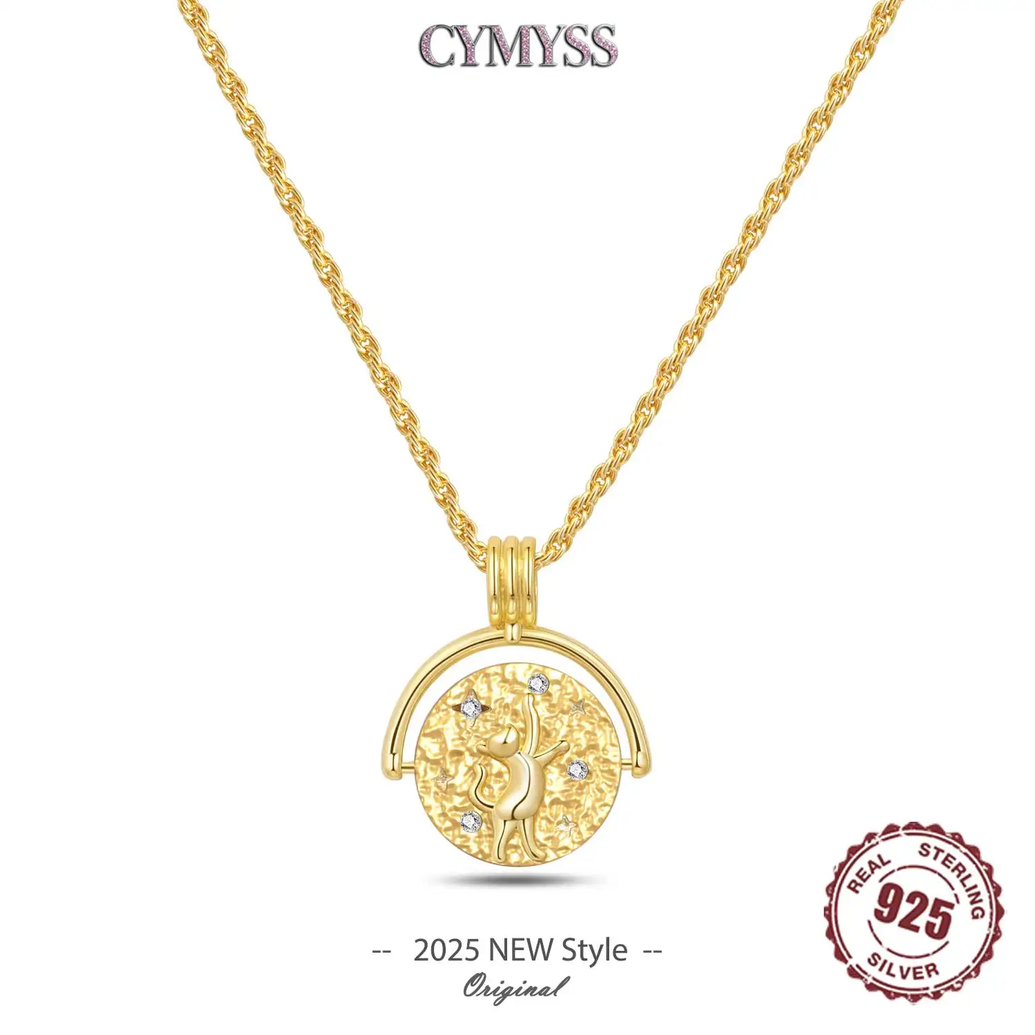

Original 925 Sterling Silver 18K Gold Cat Coin Reversible Necklace For Women Class Style Heart Shape Romantic Style Jewelry Gift