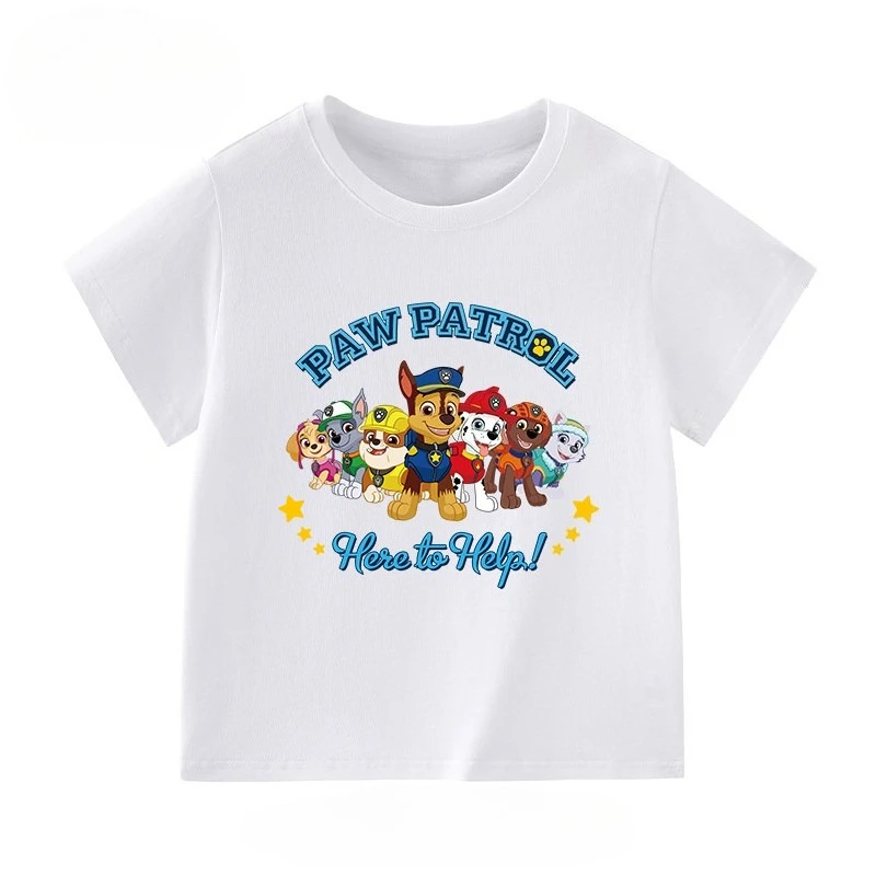 Cartoon PAW Patrol Toddler Cotton T‑Shirt Here To Help Dog Team Star Graphic Short Sleeve Tee Boys Girls Kids Casual Black Tops
