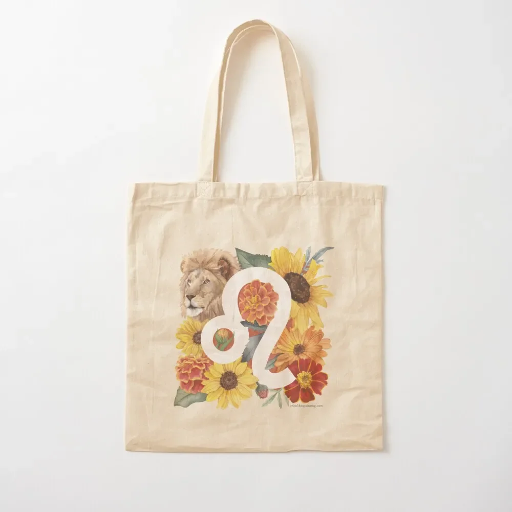 

Leo Watercolor Lion with Birth Flowers Sunflowers Marigolds Calendula Tote Bag reusable shopping bag Lady bag