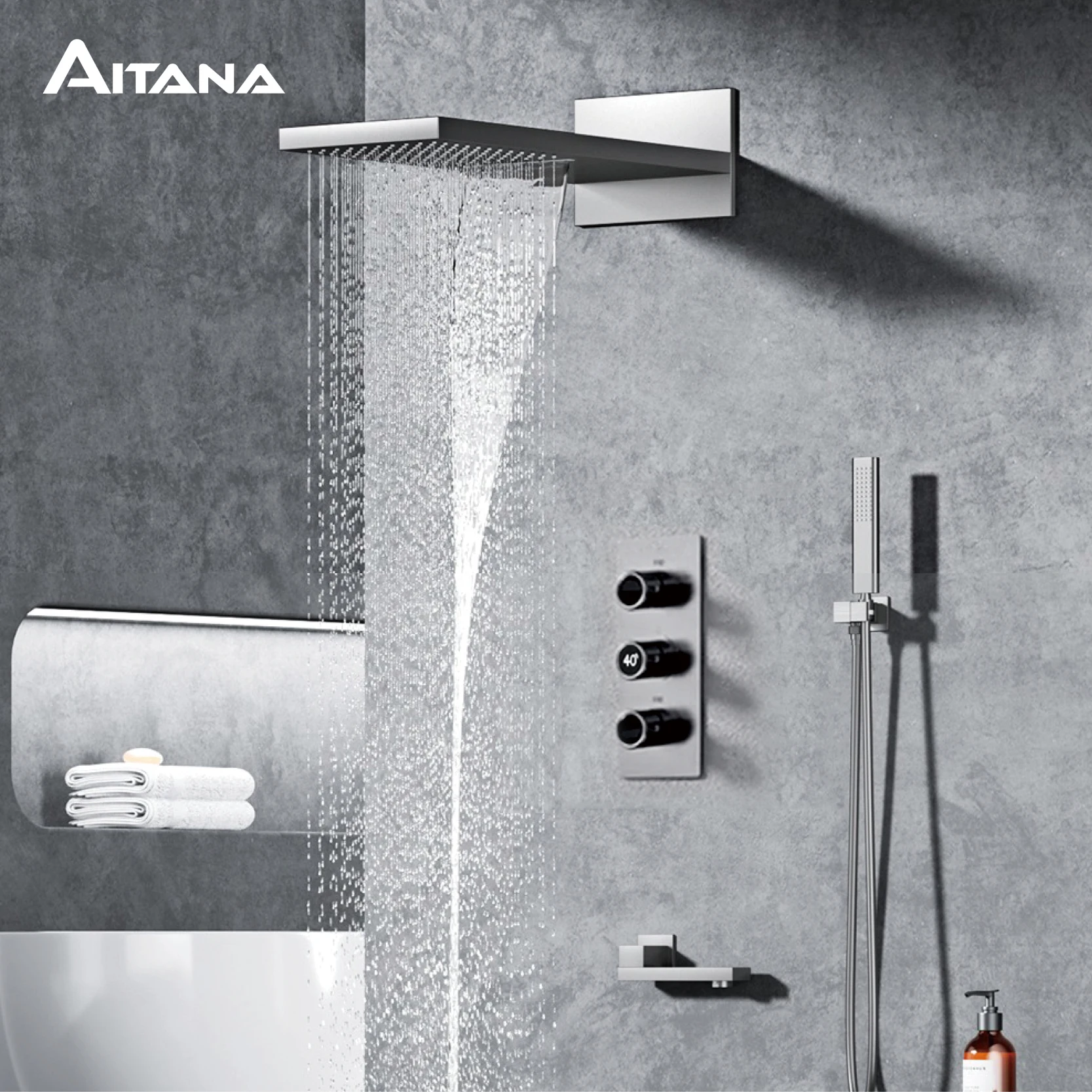 Bathroom Luxury Brass Gun Grey Built-in LED Display Thermostatic Shower System.Wall-Mounted Rainfall/Waterfall Spray Dual Outlet - Image 2