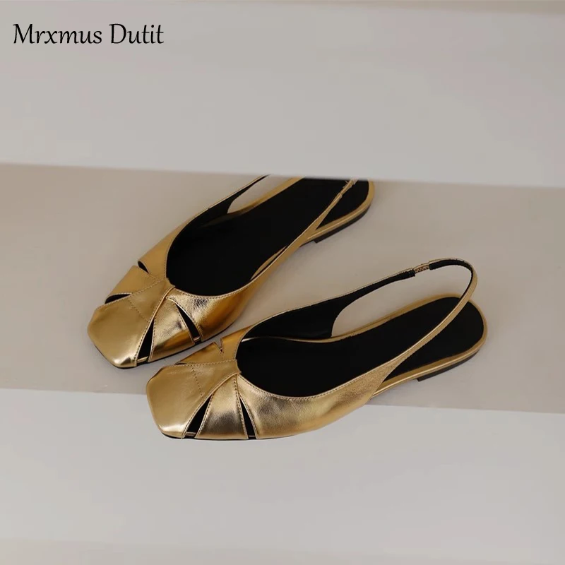 Mrxmus Dutit 2023 Summer Fashion New Women Genuine Leather Flat Weave Hollow Square Head Sandals Solid Casual Shoes Female Chic