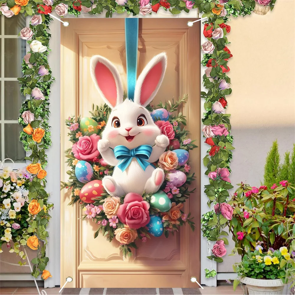 Easter Door Cover Banner Front Door Decoration Wreath Rabbit Easter Hanging Door Banner Party Home Patio Door Decoration