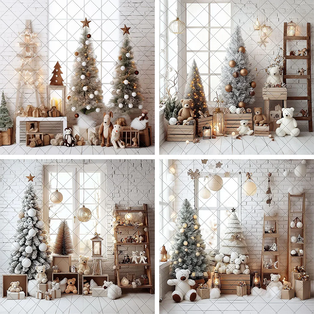 

Mehofond Photography Background Christmas Trees Toy Bear Kids Birthday Party Wooden Ladders Brick Wall Decor Photo Backdrop