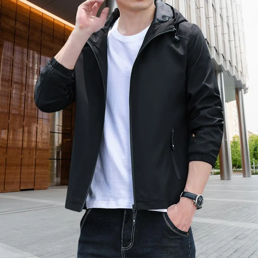 Autumn Men Jacket Solid Color Hooded Zipper Closure Pockets Korean Style Hood Coat Streetwear Men Clothes Casual Brand Jackets