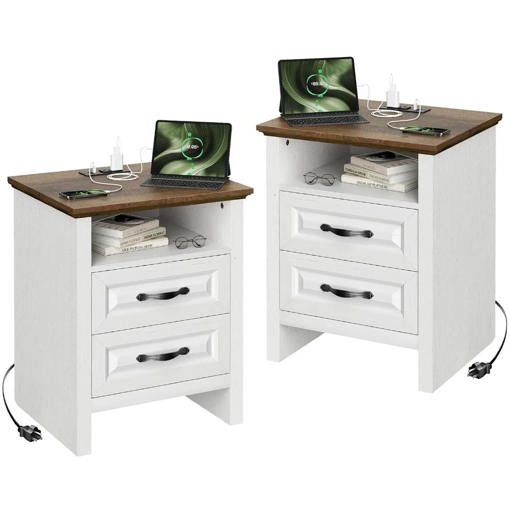 

Farmhouse Nightstand with Charging Station, Set of 2, Bedside Table with 2 Drawers, USB A Port, USB C Port, Customized