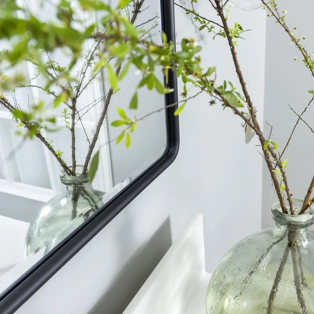 Rectangle Pivot Mirror with Tilt and Beveled Edges for Bathroom, Matt Black Metal Framed Vanity Mirror with Long-Lasting Durabil