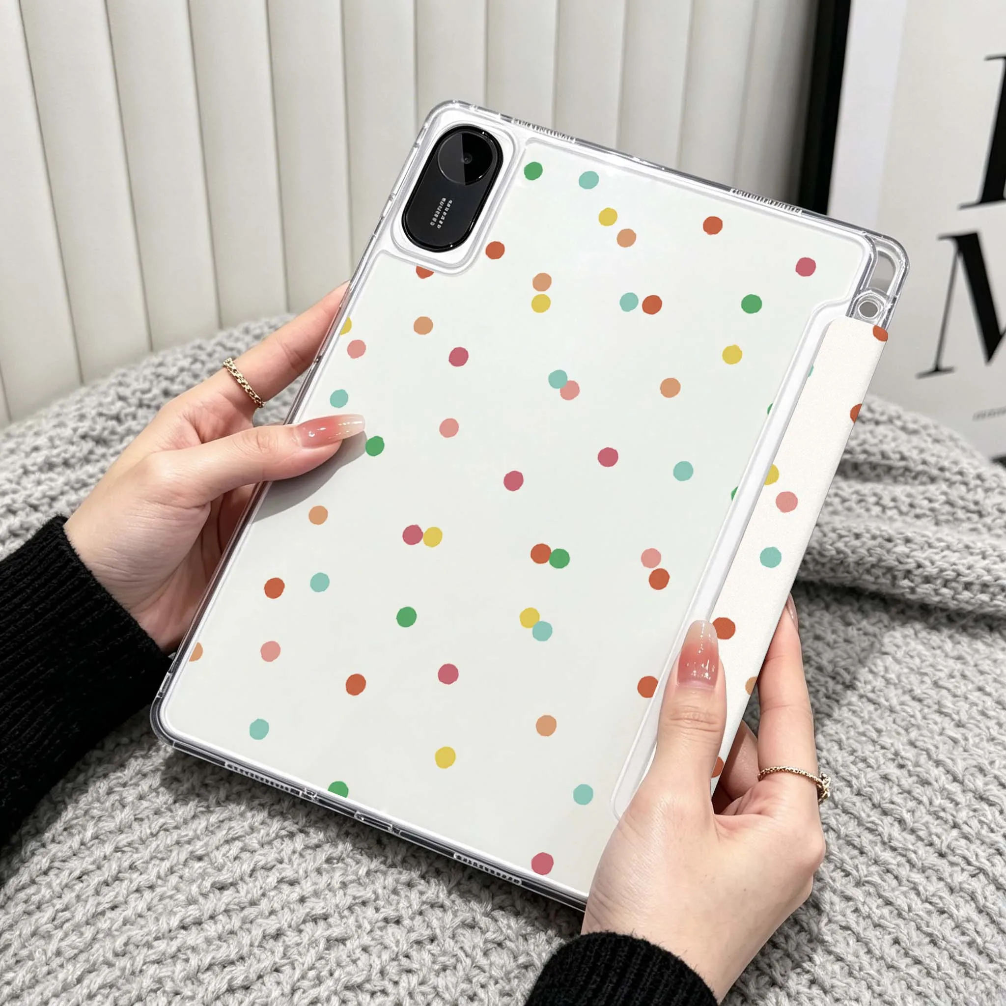 Cartoon Dots Pattern Art Case For Xiaomi Redmi Poco Pad 5 6 7 8 Pro SE 11 11.2 12.1 Inch Transparent Y-Shaped Folding Tablet