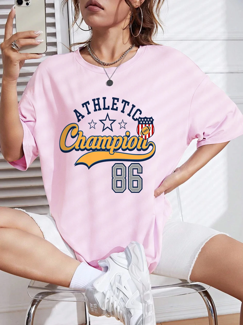 

Athletic United States Letter Prints T-Shirt Women Cotton Summer Tops Comfortable Soft O-Neck Short Sleeve Tees Casual Clothes