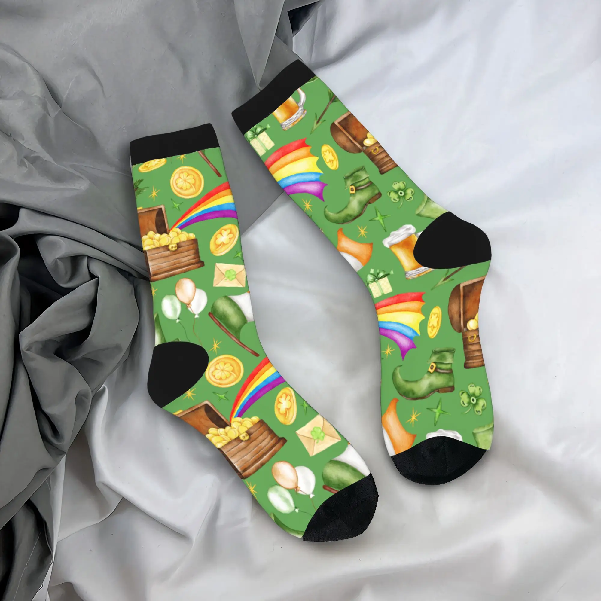 

Autumn Winter Colorful Unisex Saint Patricks Day Four Leaf Clover Socks Irish Beer Ireland Flag Breathable Soccer Socks