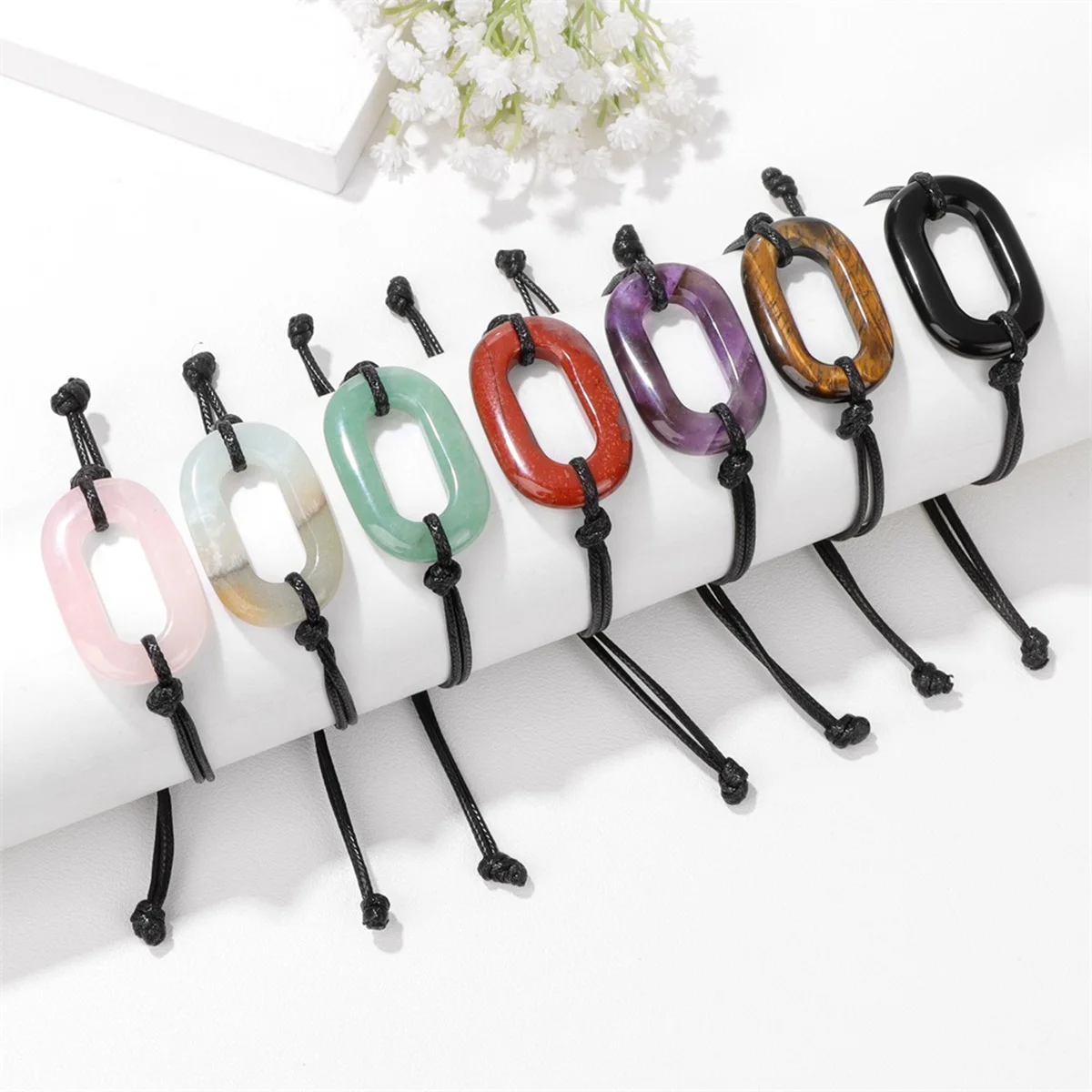 

Handmade Woven O-Shape Gemstone Beaded Bracelet Adjustable Healing Chakra Crystal for Men Women Jewelry