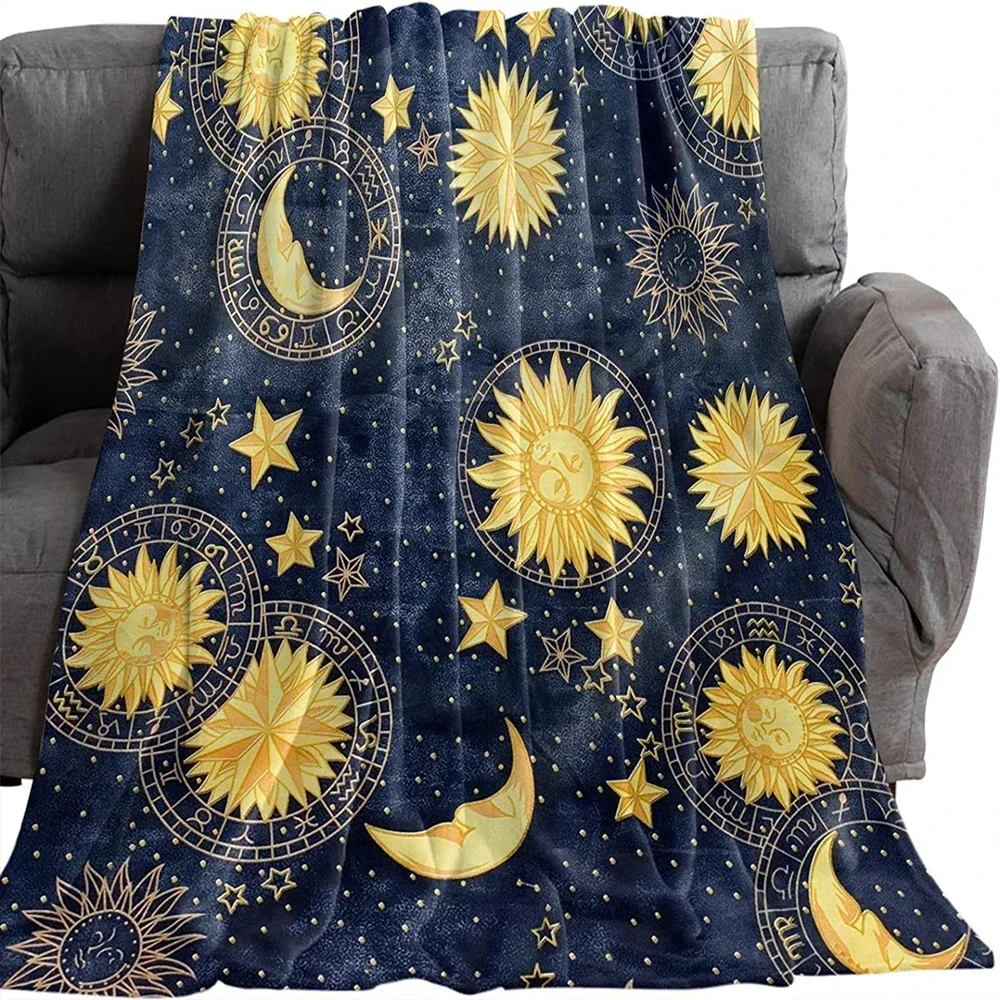 Flannel Throw Blankets Boho Chic Golden Sun Moon and Stars Blue Black Sky Antique Blankets Lightweight Luxury Blanket,Couch Bed