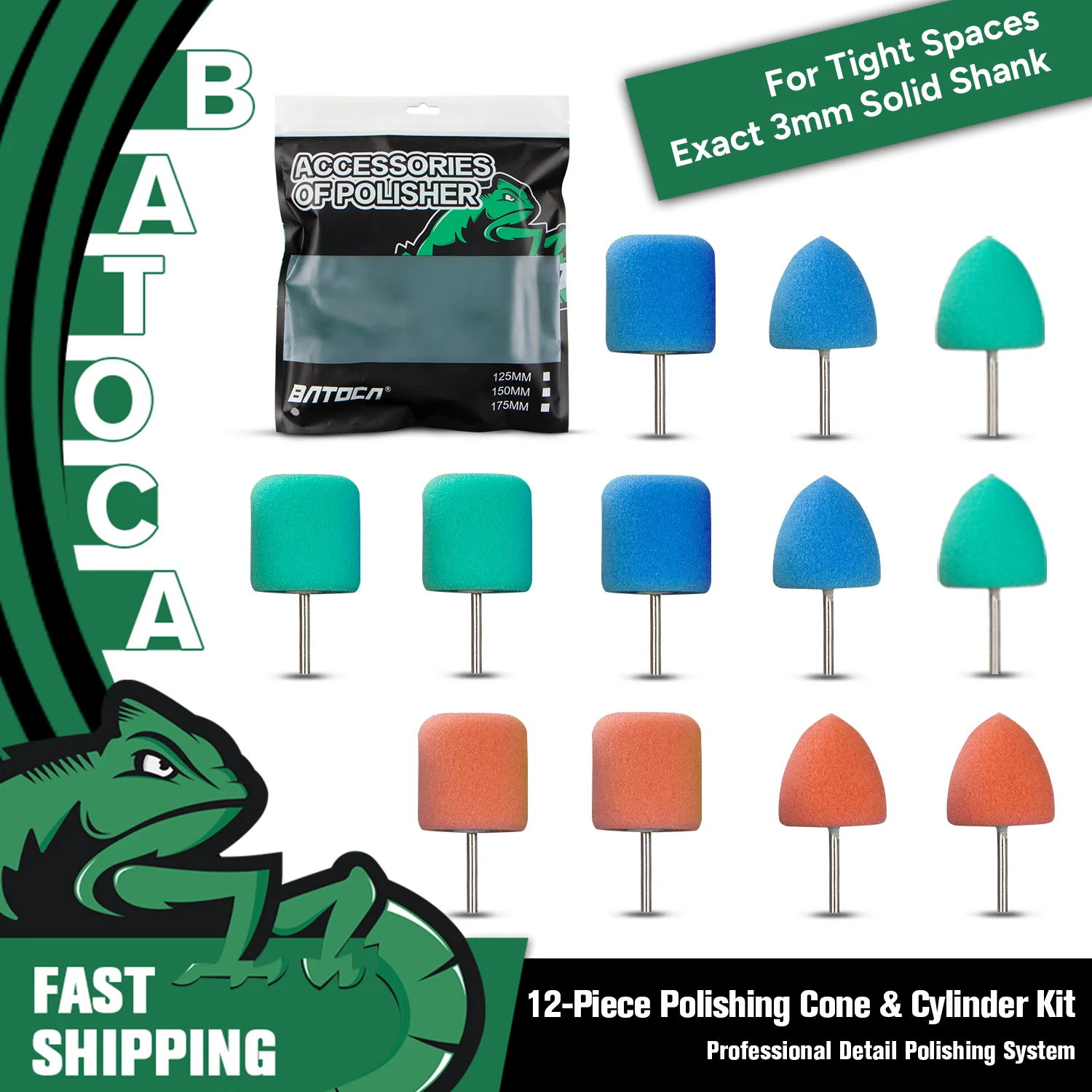 BATOCA 12Pcs Mini Foam Polishing Cone Cylinder Pads Kit Exact 3mm Shank for Car Detail Wheel Exhaust Rotary Tool Drill