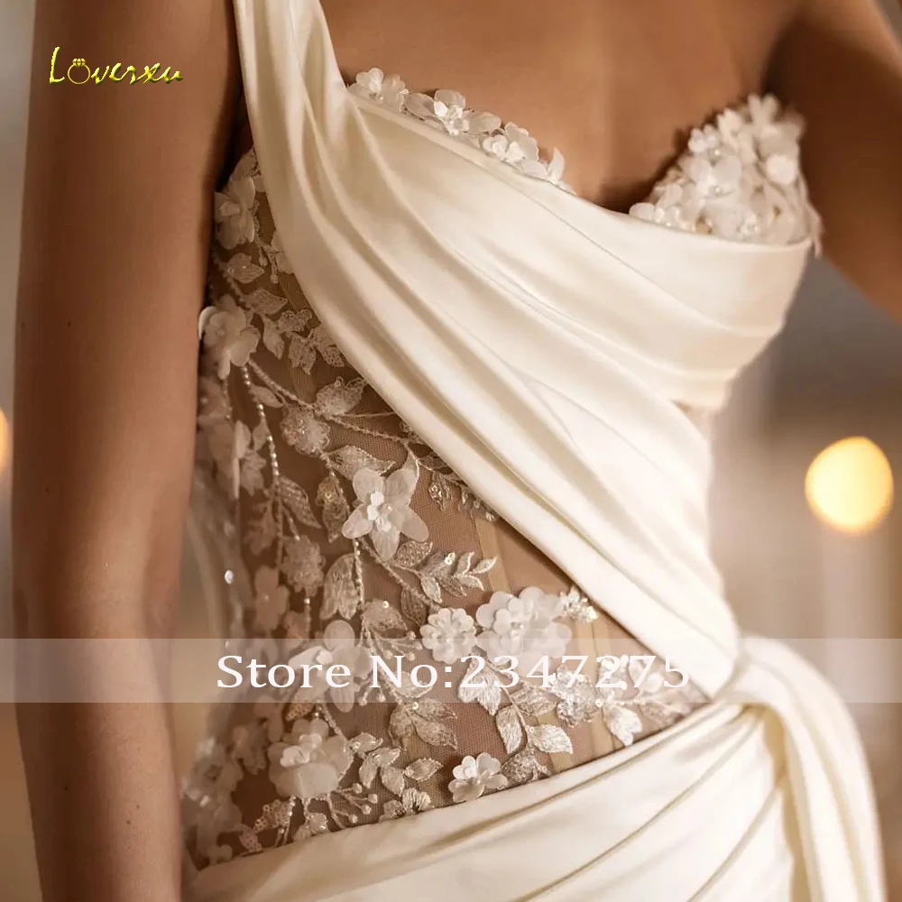 Loverxu zeemeermin mat satijnen trouwjurken lieverd een schouder vestido de novia kant 3d bloemen op maat gemaakte bruidsjurk