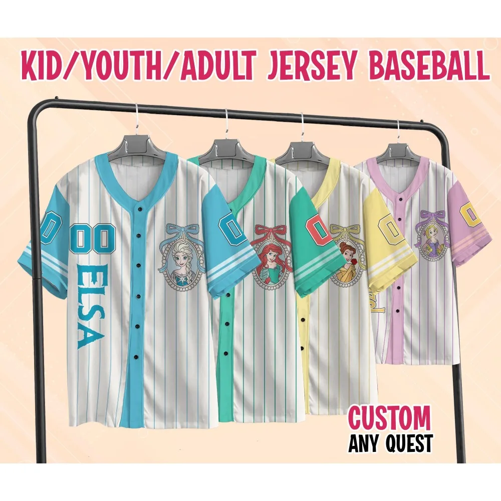

Custom Coquette Bow Disney Princess Baseball Jersey Collection Custom Name Game Day Kid Youth Adult Playeras Para Hombres