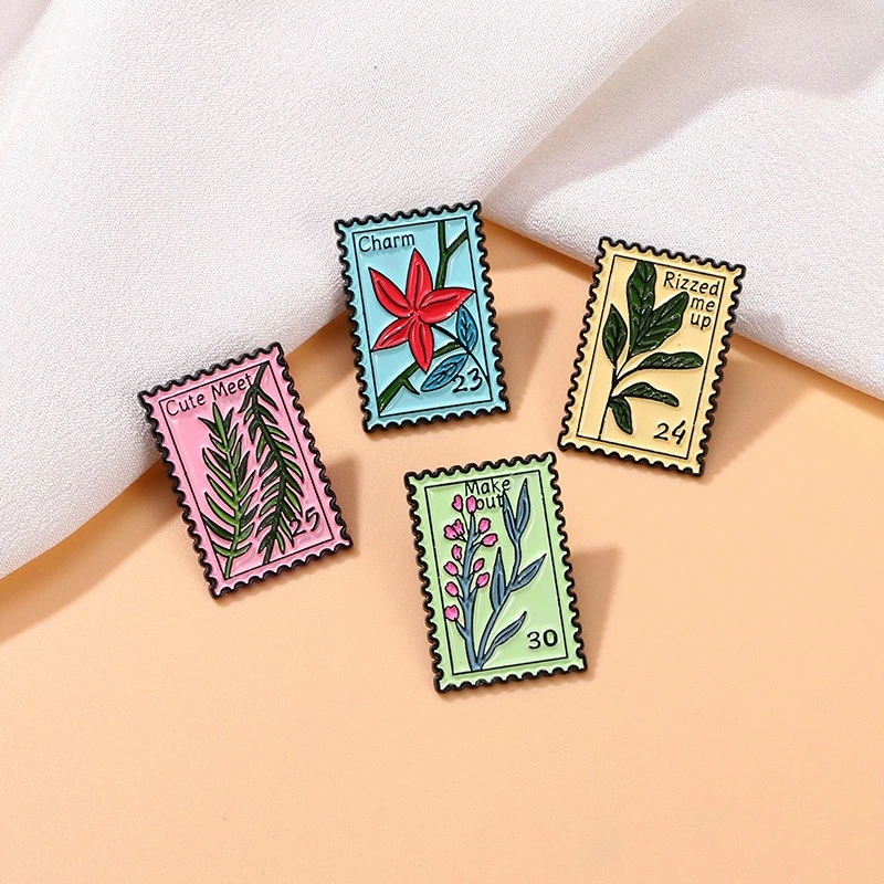 Vintage Commemorative Brooch Cartoon Floral Stamp Design Zinc Alloy Enamel Pin Badge DIY Clothing