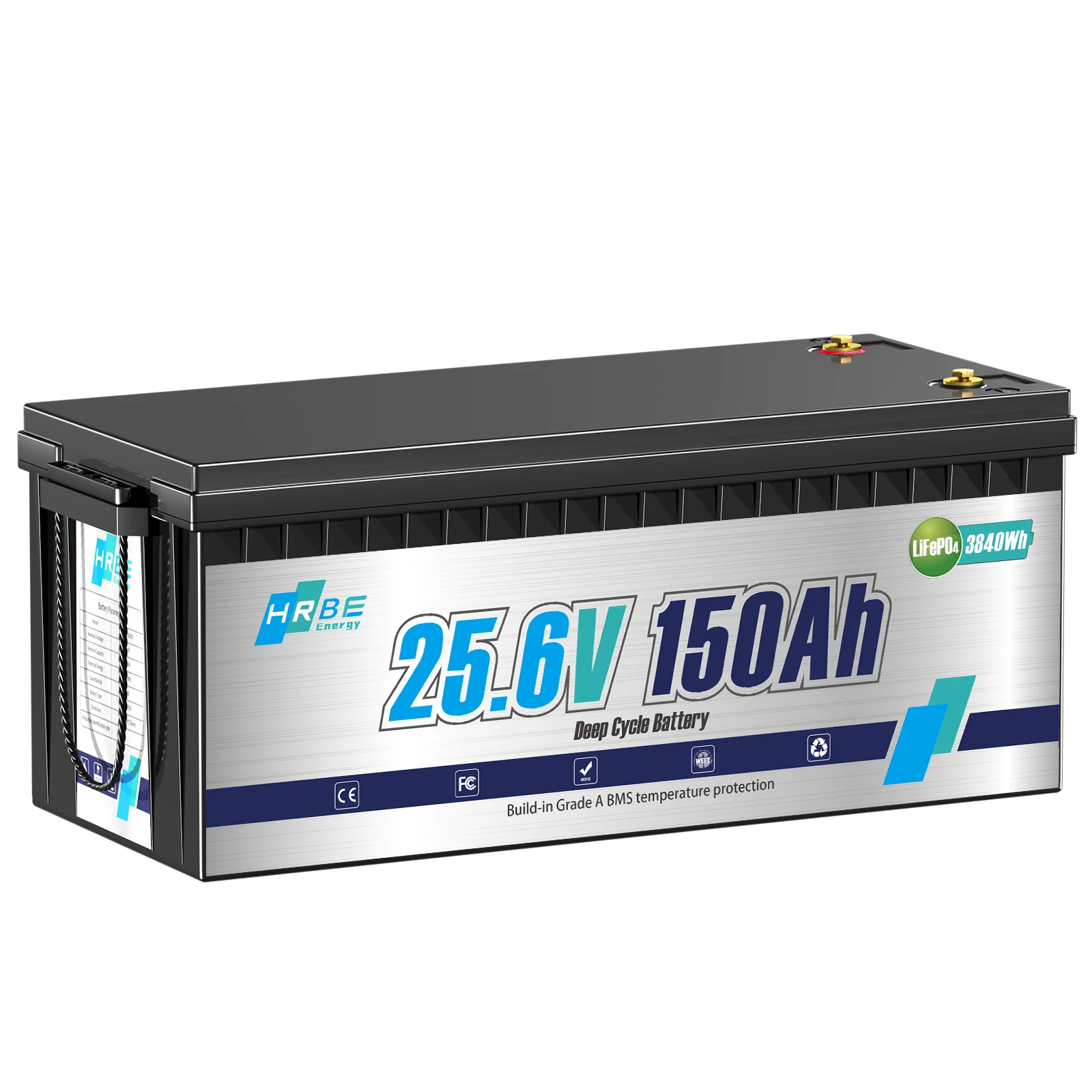 HRBEEnerg 24V 150Ah LiFePO4 Lithium Battery Pack 100A BMS 8000+ Cycles For RV,Solar,Marine,Camping,T