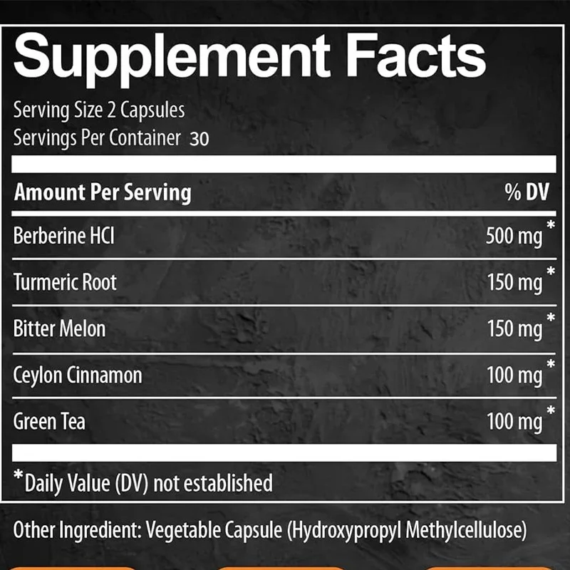 Berberine Hydrochloride Supplement, Ceylon Cinnamon, Turmeric, Green Tea, and Bitter Gourd, 60 Capsules