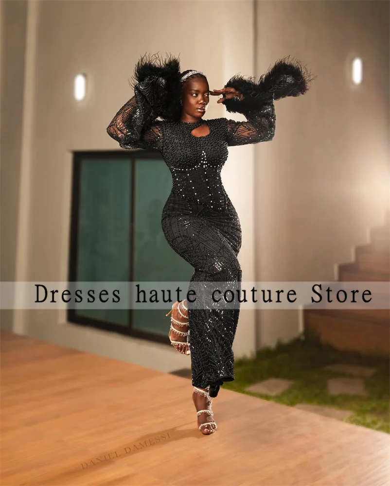 

Aso Ebi Black Beaded Lace Sleeve Evening Dresses 2025 For Women African Feathers Evening Dresses Wedding Guest Gown Customized