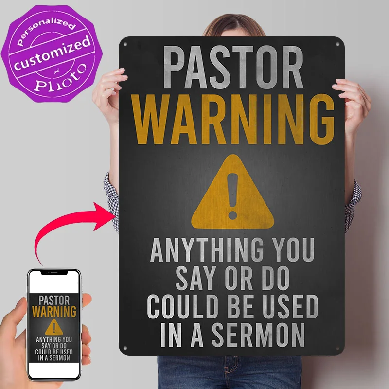 Pastor Warning Funny Sign Personalized 3D Textured Metal Poster Wall Art Tinplate Sign for Living Room Decoration Items Bedroom