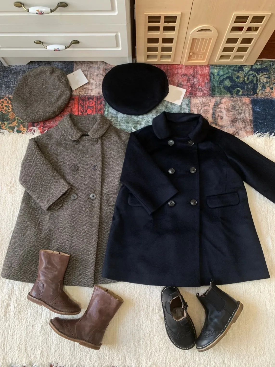 Classic Double-breasted Children's Wool Coat Set with Casual Checked Boys' Trousers And Girls' Sleeveless Warm Dress