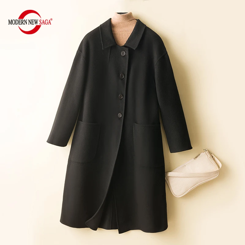 

MODERN NEW SAGA Women Wool Coat 100% Merino Wool Autumn Wool Overcoat Winter Warm Woolen Long Jackets Cardigan Cashmere Coats