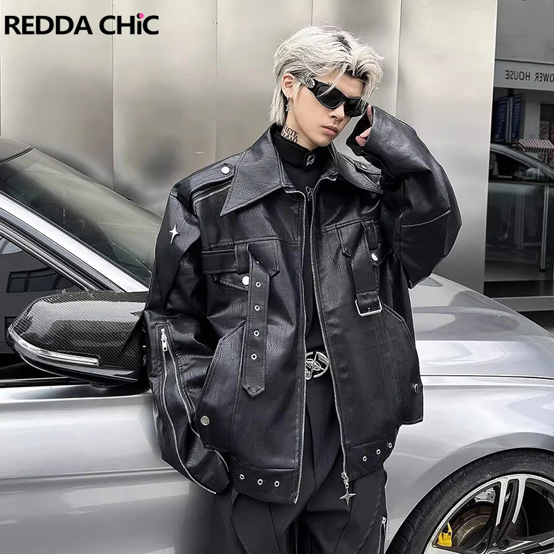 REDDACHiC Men ICON Leather Black Bomber Jacket Motorcycle Eyelets Star Zip-up Buckle Belt Oversize Coat Punk Vintage Outerwear