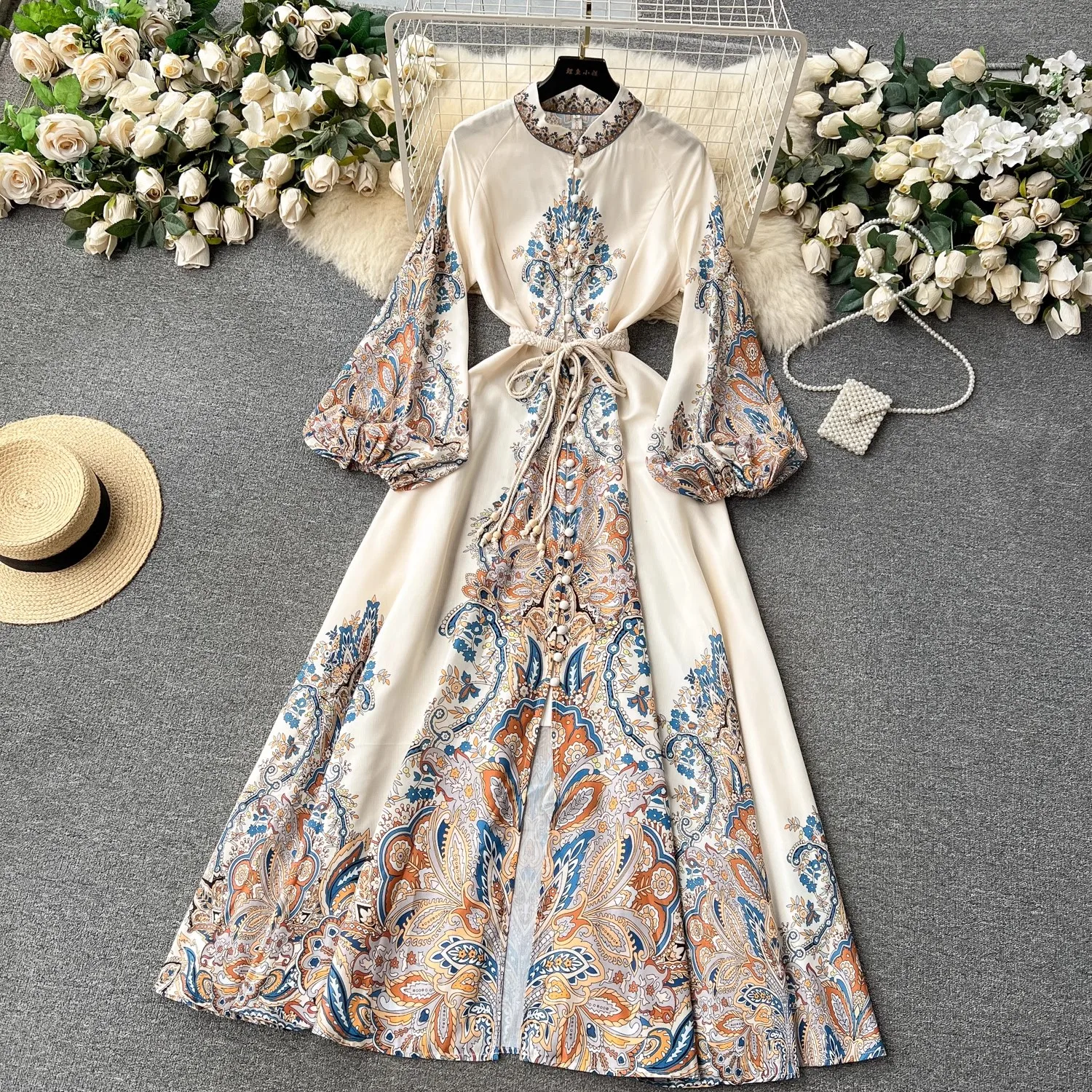 Beach Style Print Maxi Dress Women Spring Summer O Neck Long Sleeve Dress With Belt Elegant Party Vestidos