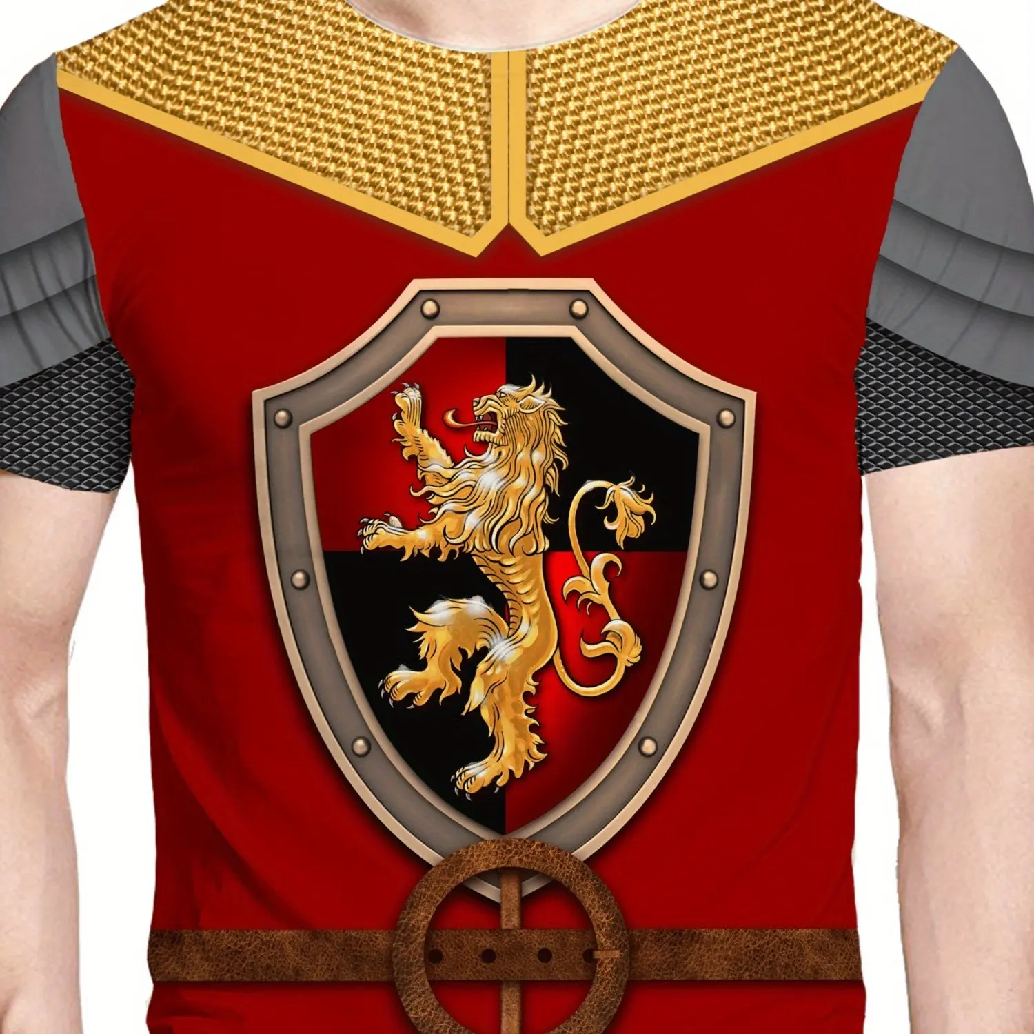 Men'S Vibrant European Knight Armor 3D Print T-Shirt - Lion Shield Design, Casual Sports Round Neck, Loose Fit, Polyester
