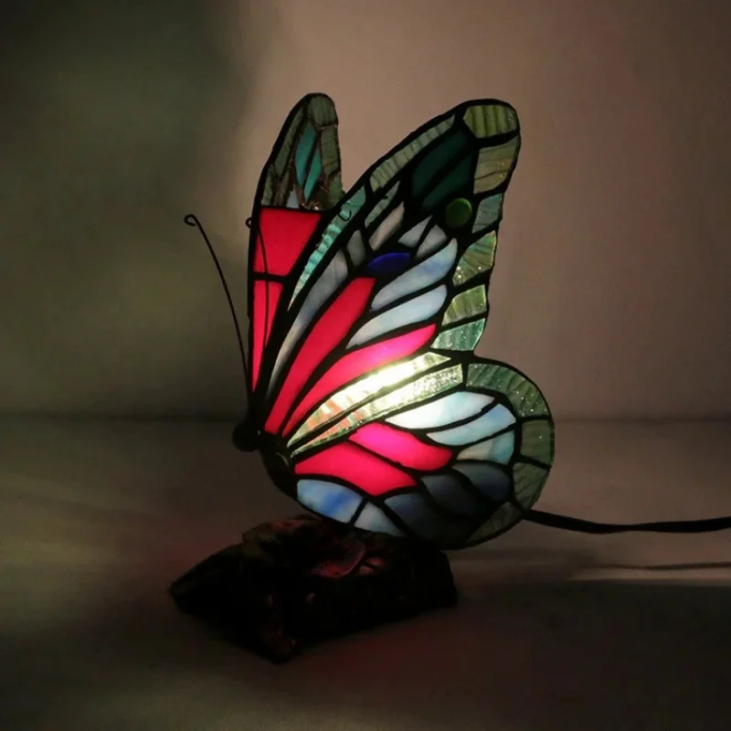 LongHuiJing Stained Glass Tiffany Butterfly Lamps With US/EU Plug In E27 Bedside LED Creative luminous ornaments