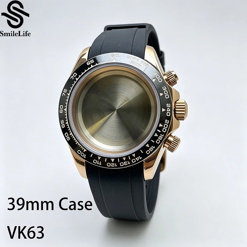 SmileLife 39mm VK63 RoseGold Watch Case Sapphire Glass Ceramic Bezel Rubber Strap Fit VK63 Quartz Movement Watch Accessories